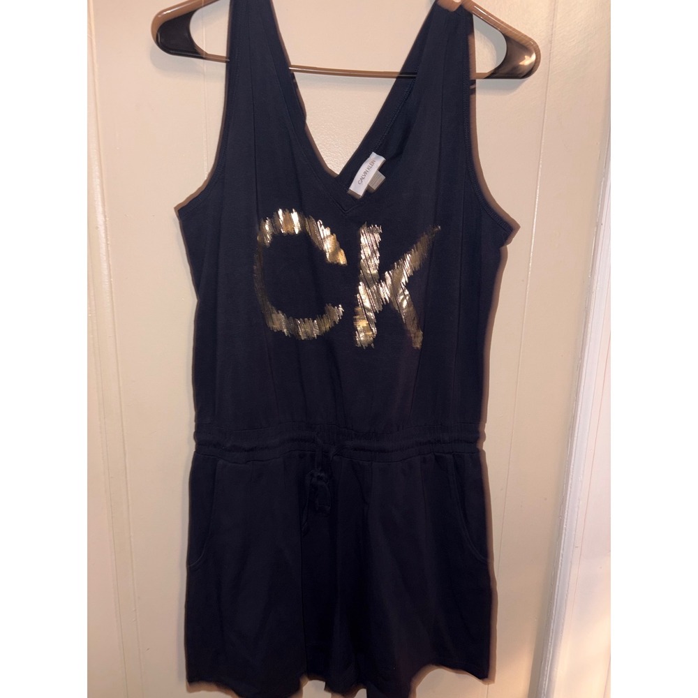 Calvin Klein Womens Navy Blue Gold CK Logo Sleeveless Romper Size Medium